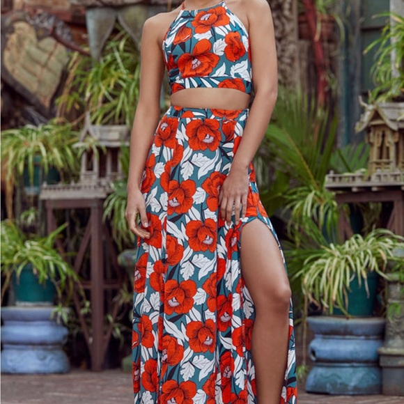 Lulu’s Back to Your Roots Red Floral Print Two-Piece Maxi Dress - Picture 3 of 4